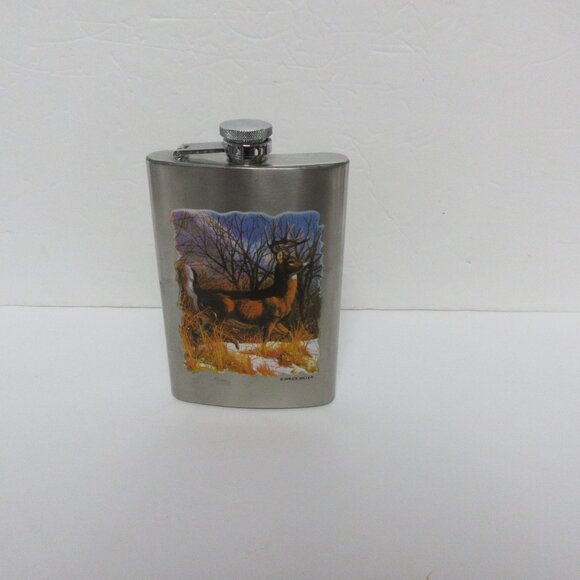 Flask Buck Deer Hunter Outdoors Hunting 9 oz. Stainless Steel Whisky - Picture 2 of 5